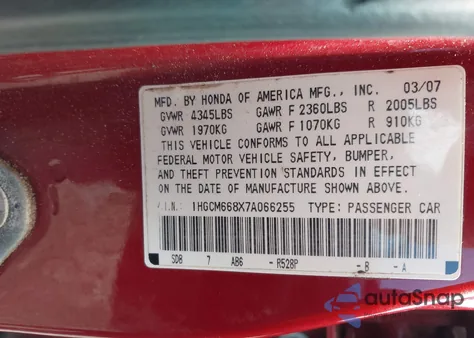 2007 Honda Accord 3.0 Ex из США, поврежденный, VIN 1HGCM668X7A066255